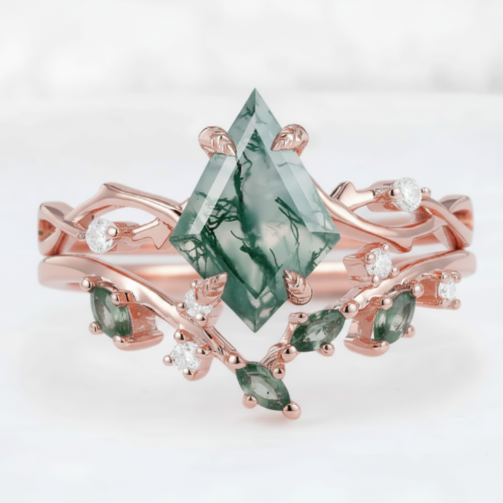 Verdant Elegance – Pear Cut Moss Agate & Moissanite Leaf Engagement Ring