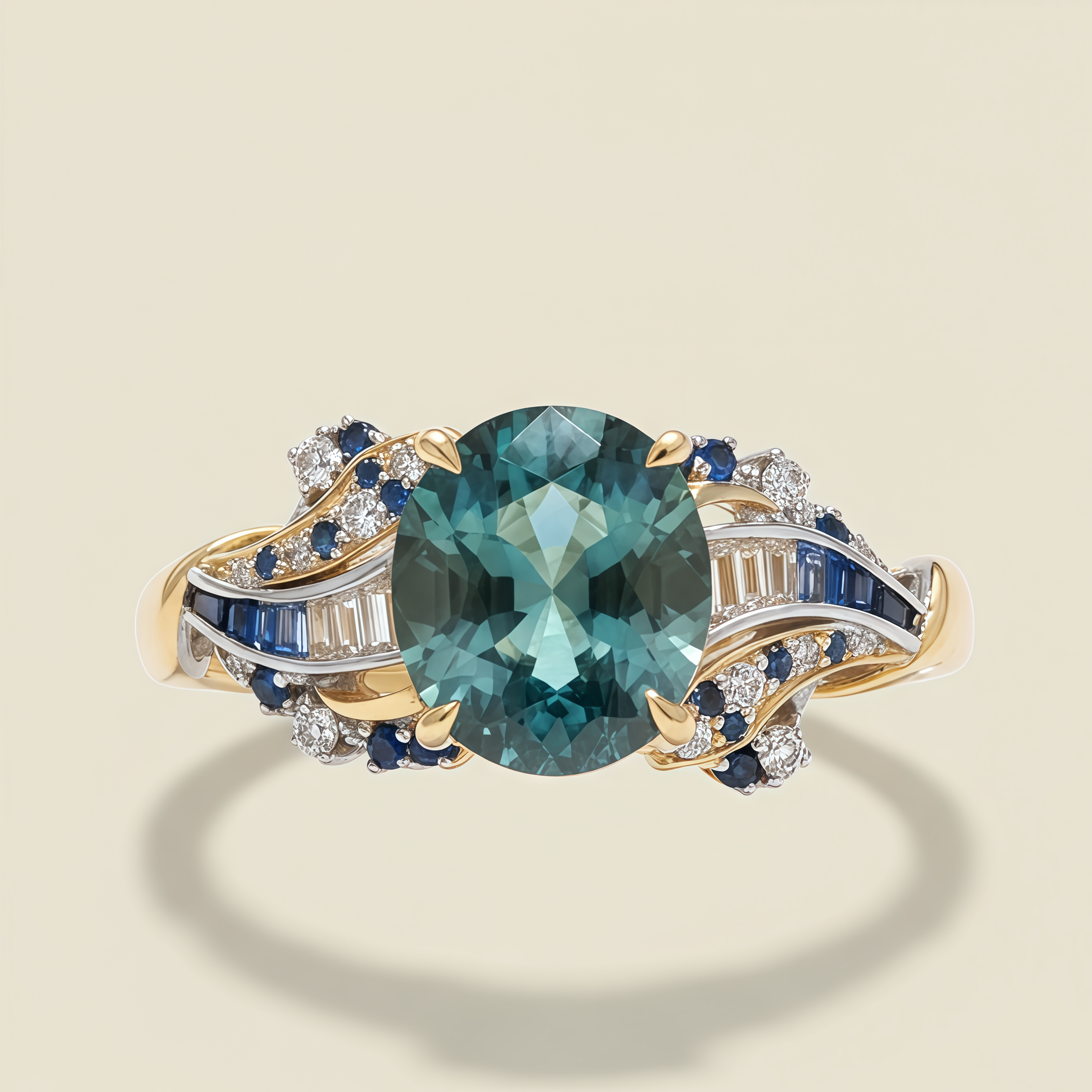 Aqua Lumina – Round Cut Teal Sapphire & Diamond Baguette Engagement Ring Vintage-Inspired Design