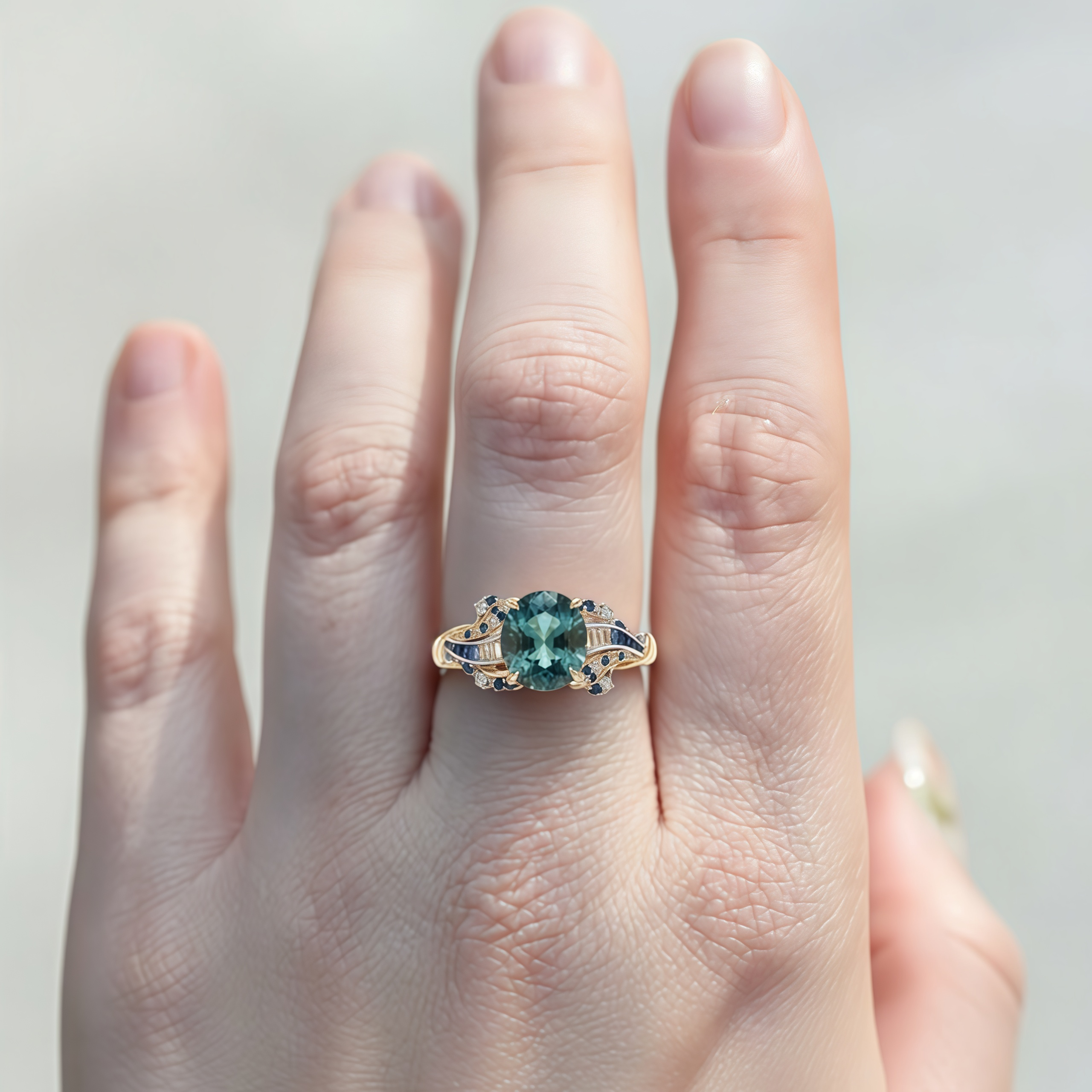 Aqua Lumina – Round Cut Teal Sapphire & Diamond Baguette Engagement Ring Vintage-Inspired Design