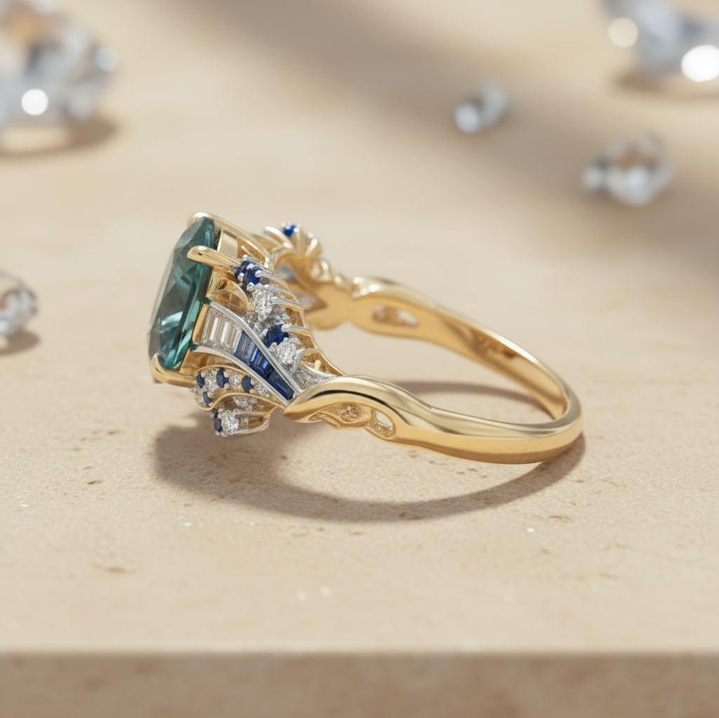 Aqua Lumina – Round Cut Teal Sapphire & Diamond Baguette Engagement Ring Vintage-Inspired Design