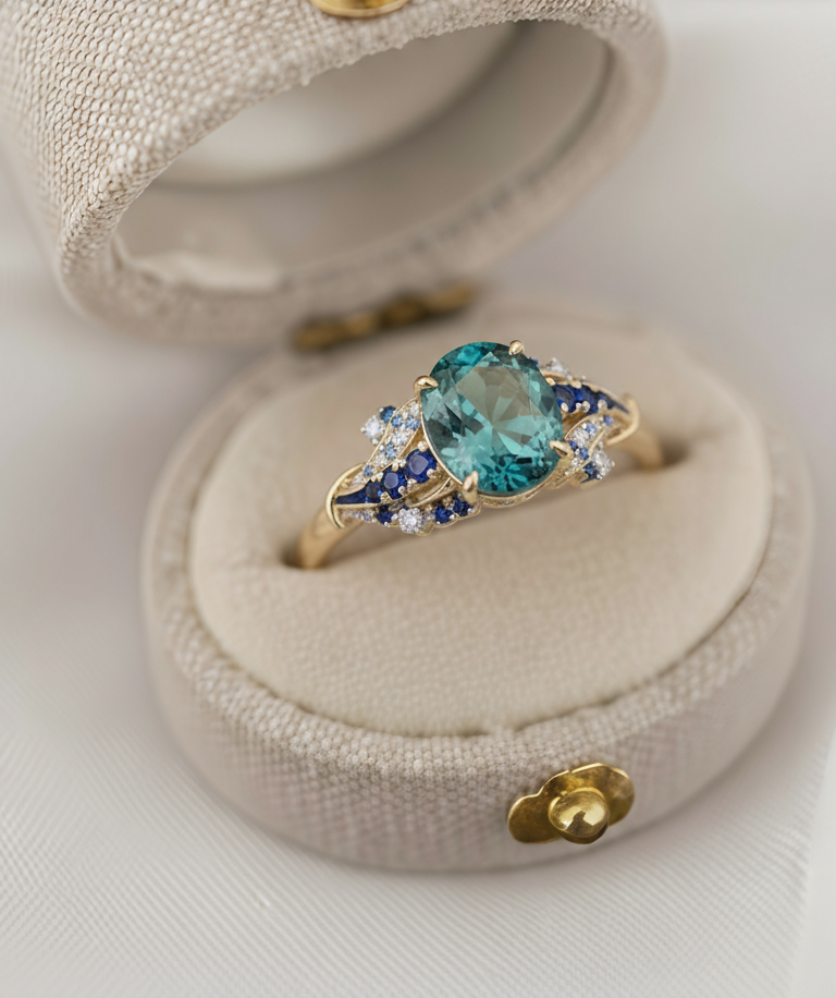 Aqua Lumina – Round Cut Teal Sapphire & Diamond Baguette Engagement Ring Vintage-Inspired Design