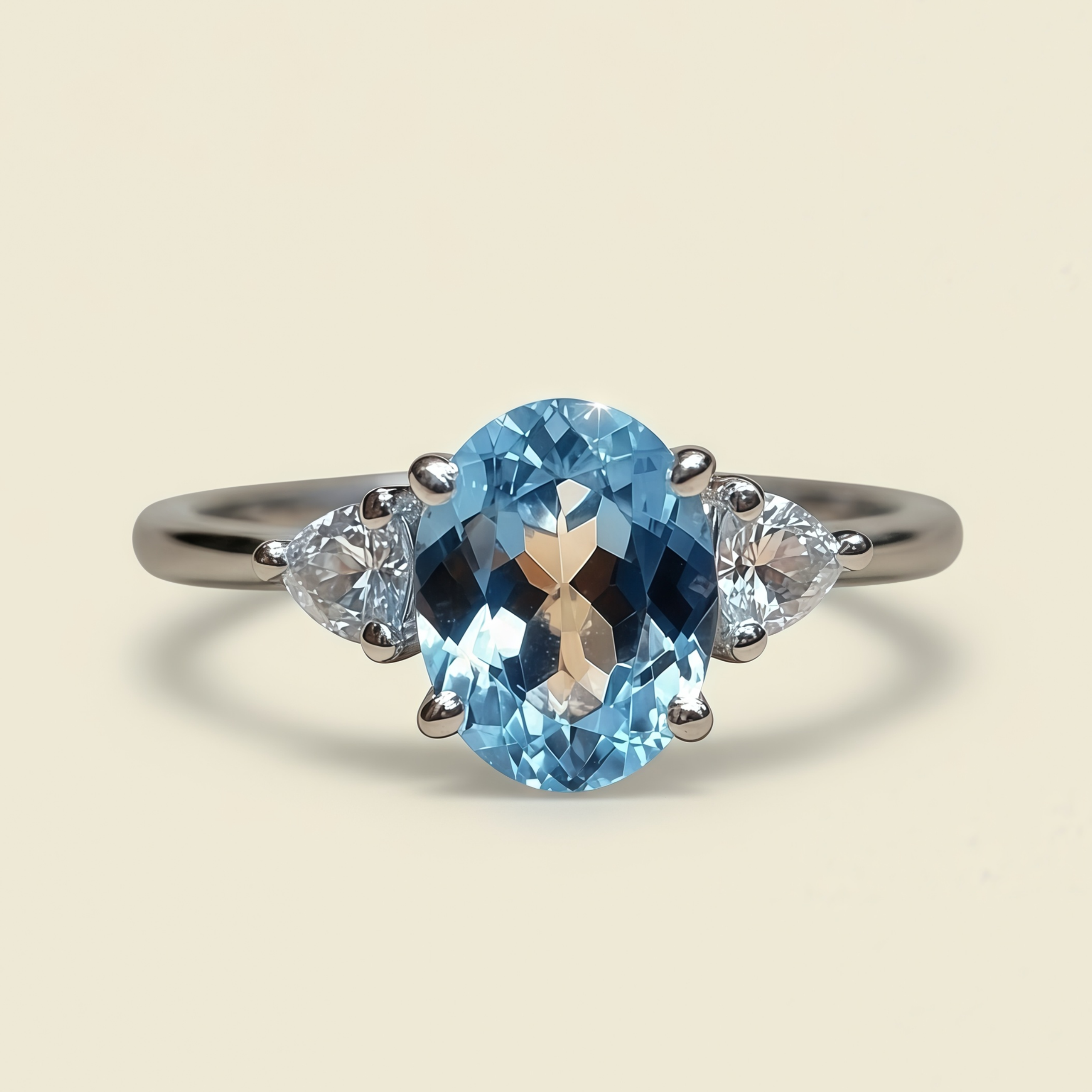 Bluebell – Oval Cut Aquamarine & Diamond Trillion Accent Engagement Ring