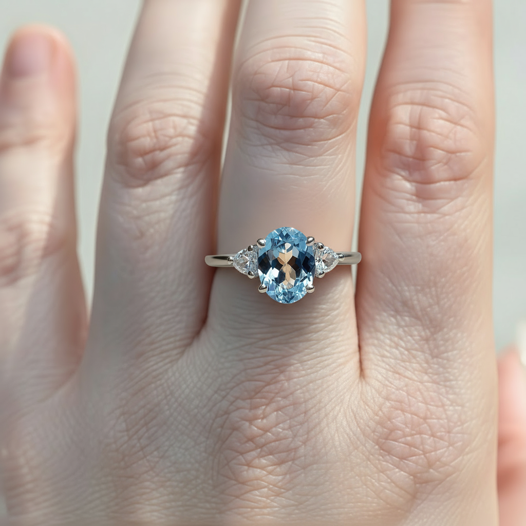 Bluebell – Oval Cut Aquamarine & Diamond Trillion Accent Engagement Ring