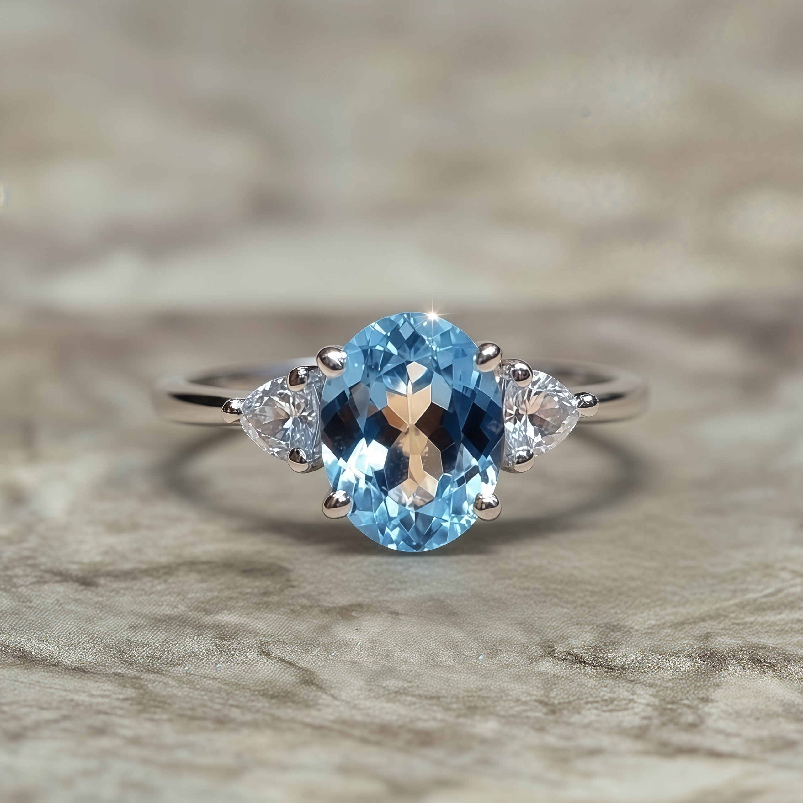 Bluebell – Oval Cut Aquamarine & Diamond Trillion Accent Engagement Ring