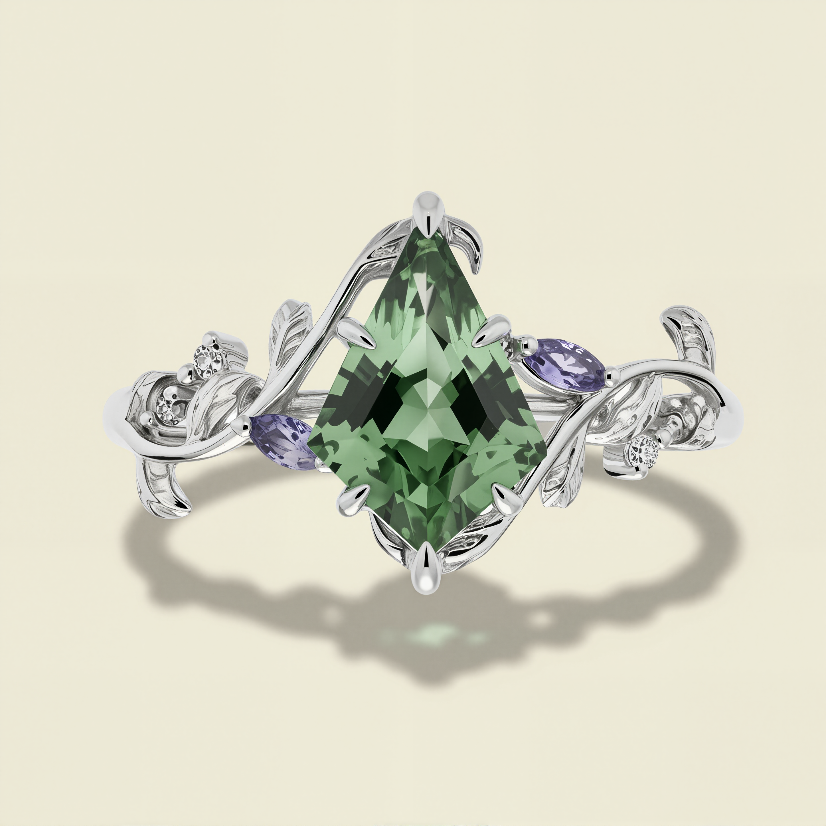 Enchanted Vine – Kite-Cut Green Moissanite & Moissanite Leaf Ring