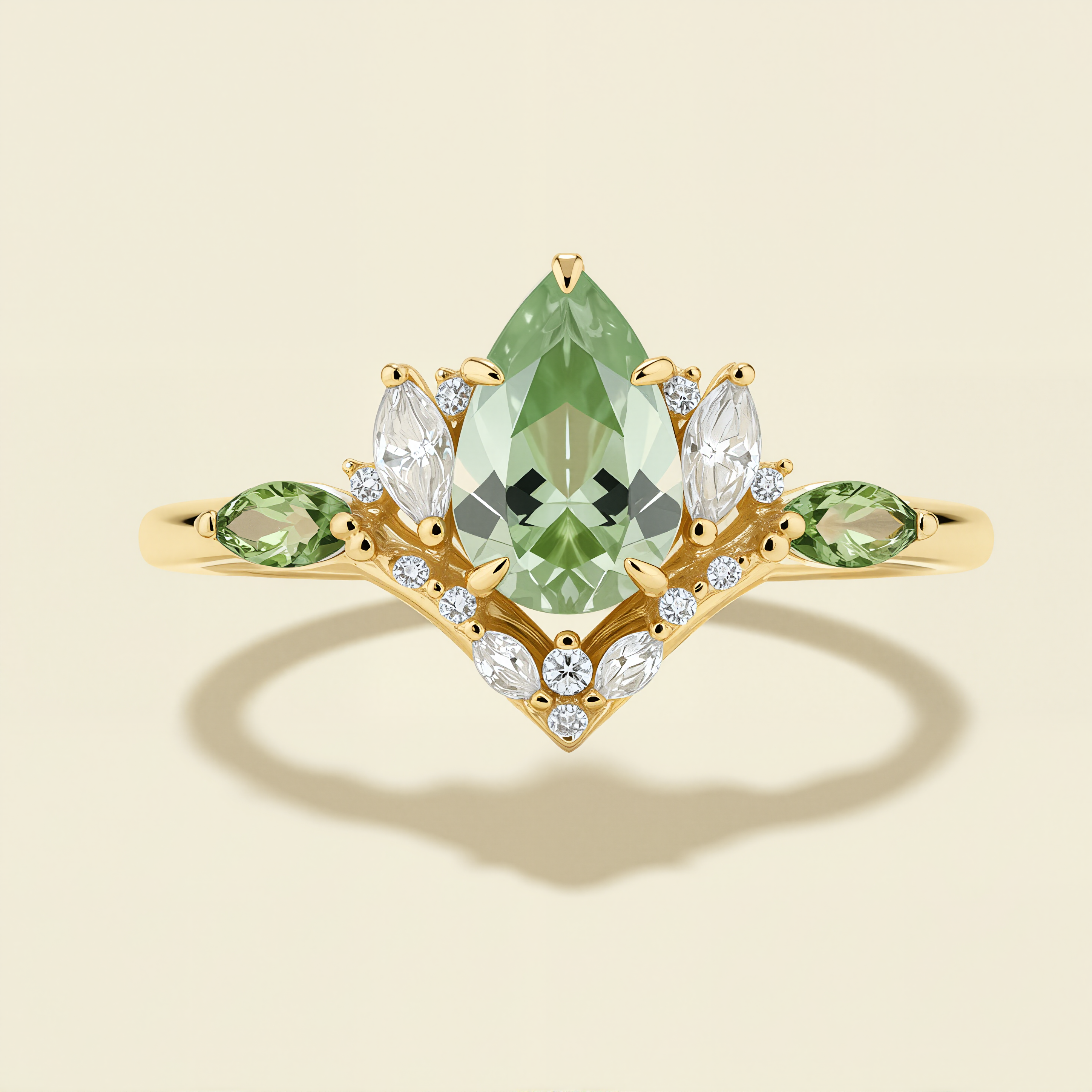 Flourish – Pear-Cut Green Moissanite & Moissanite Floral Ring