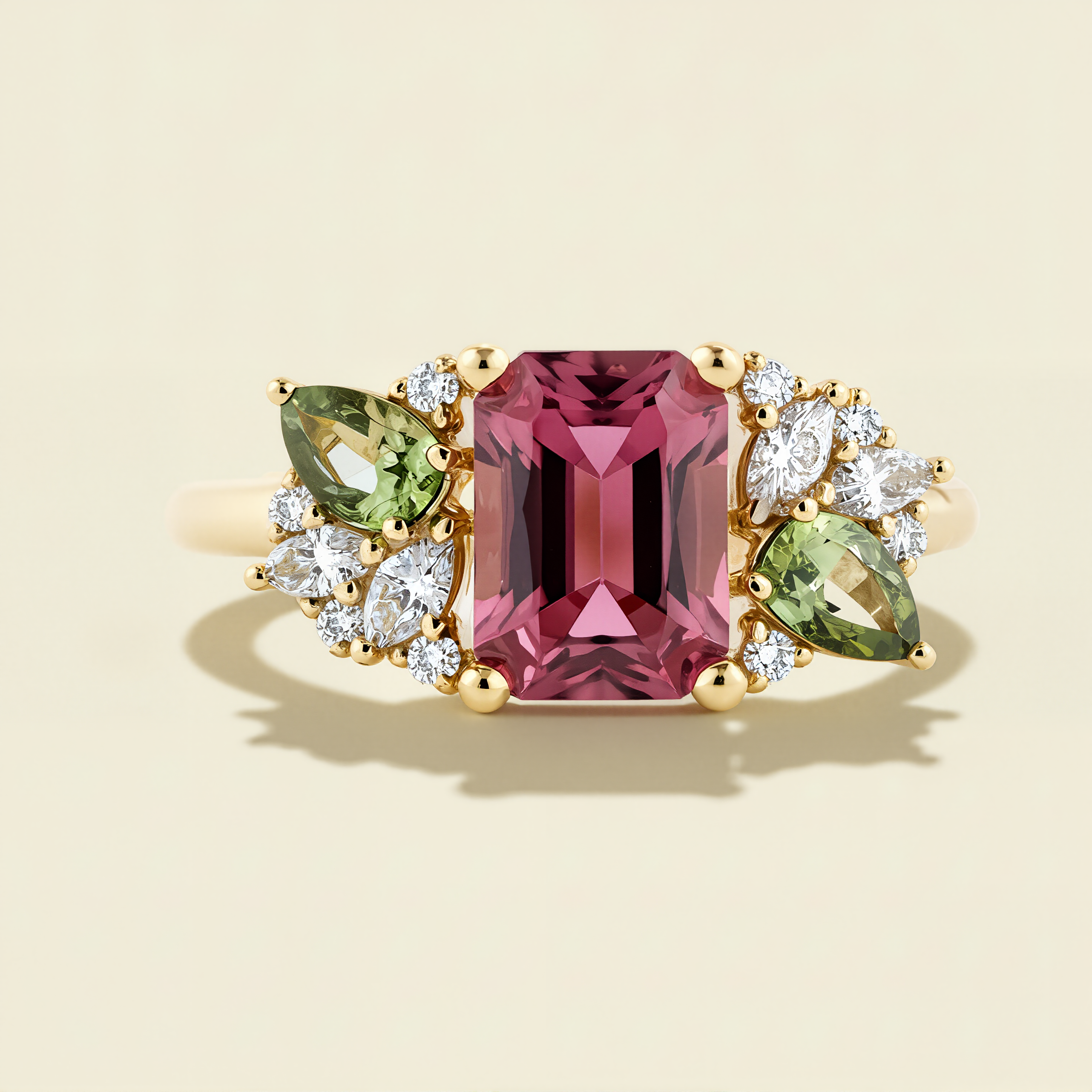 Aurora Blossom – Pink Emerald-Cut Gem & Green Moissanite Ring