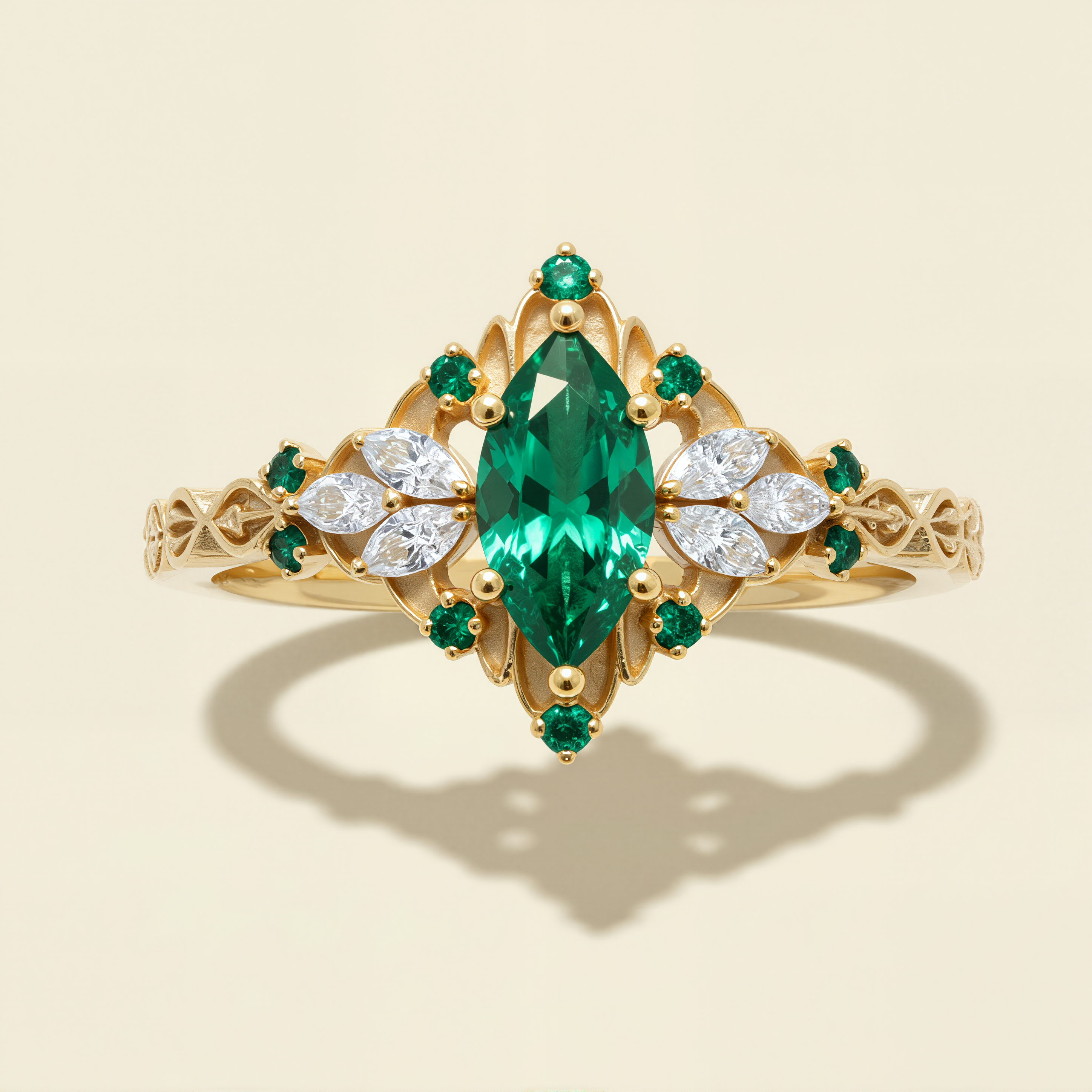 Emerald Muse – Marquise Green Moissanite & White Moissanite Filigree Ring