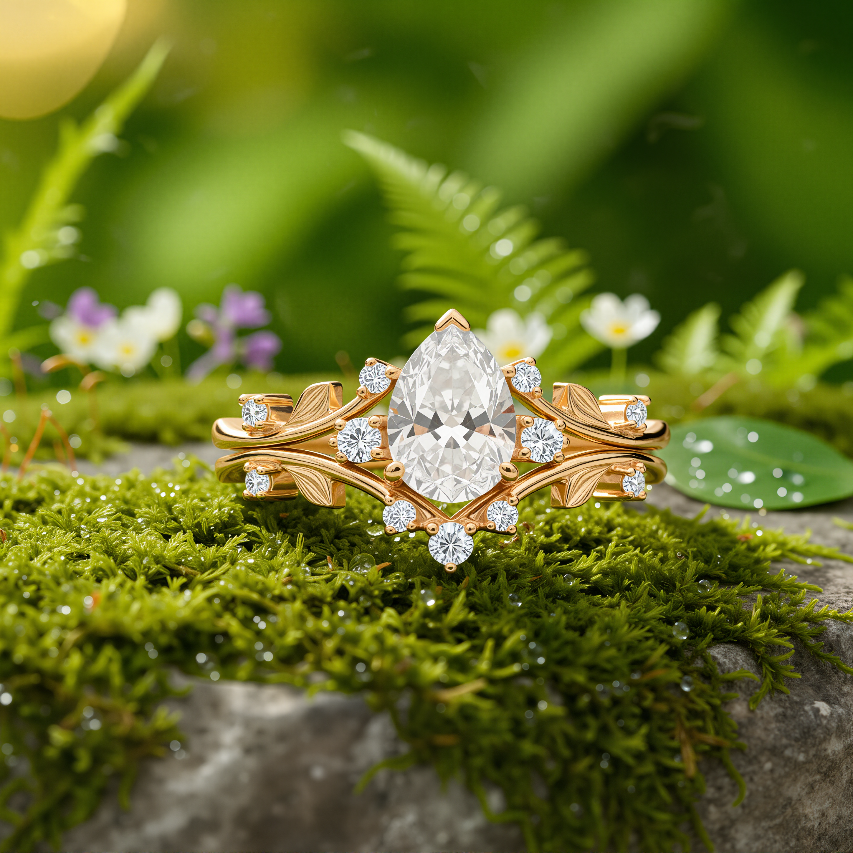 Golden Leaf Crown – Pear Cut Diamond Ring with Nature-Inspired Band