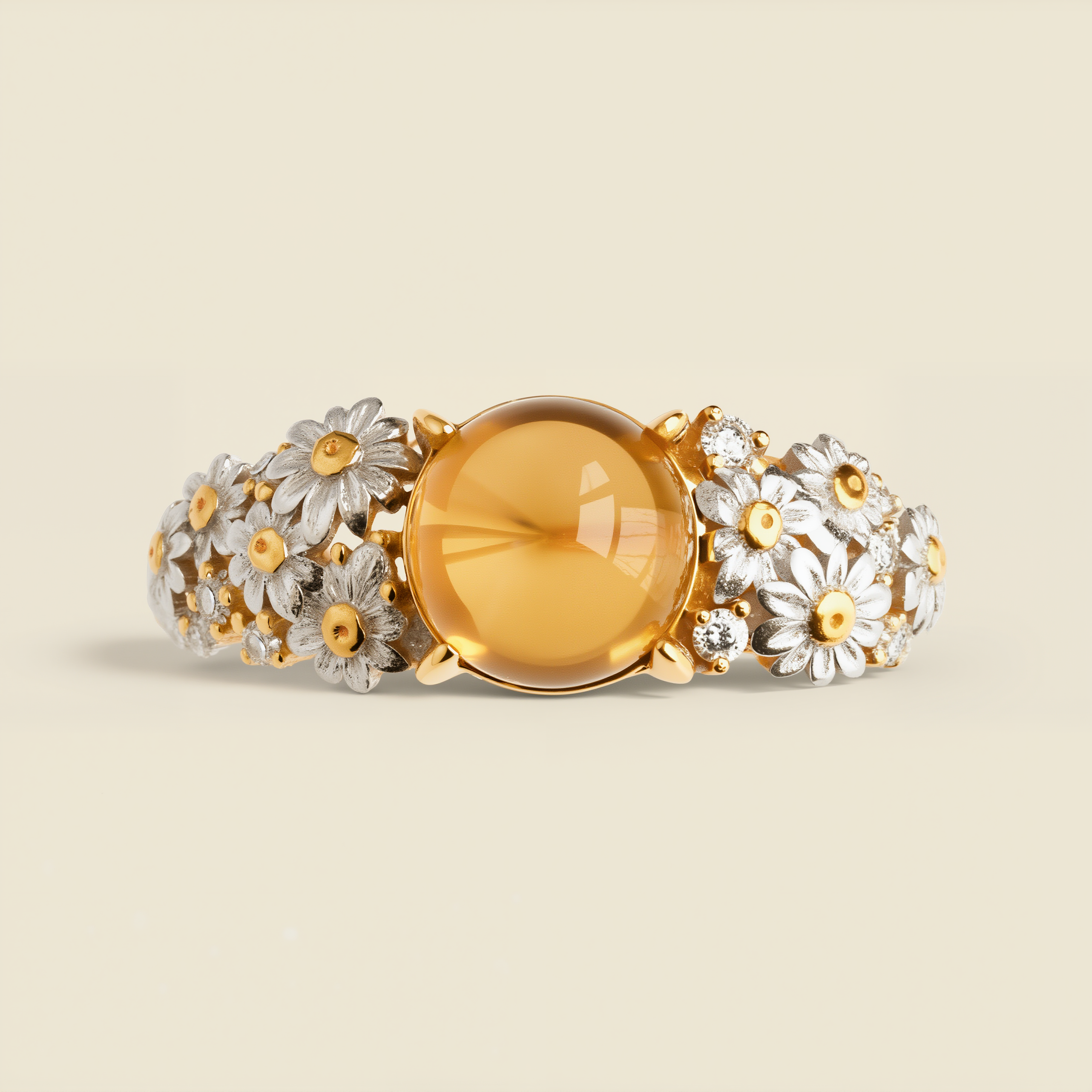 Daisy Bloom Ring-Natural Citrine Cabochon - Symbol of Joy and New Beginnings