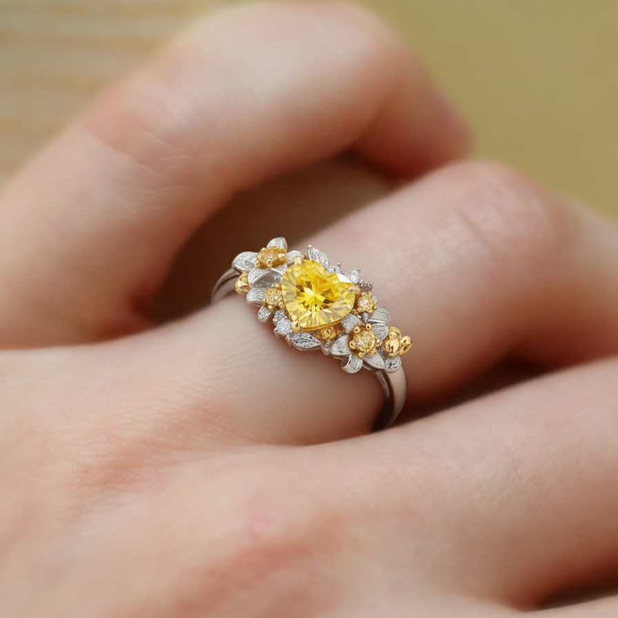 Heart Shaped Yellow Moissanite Blossom Engagement Ring