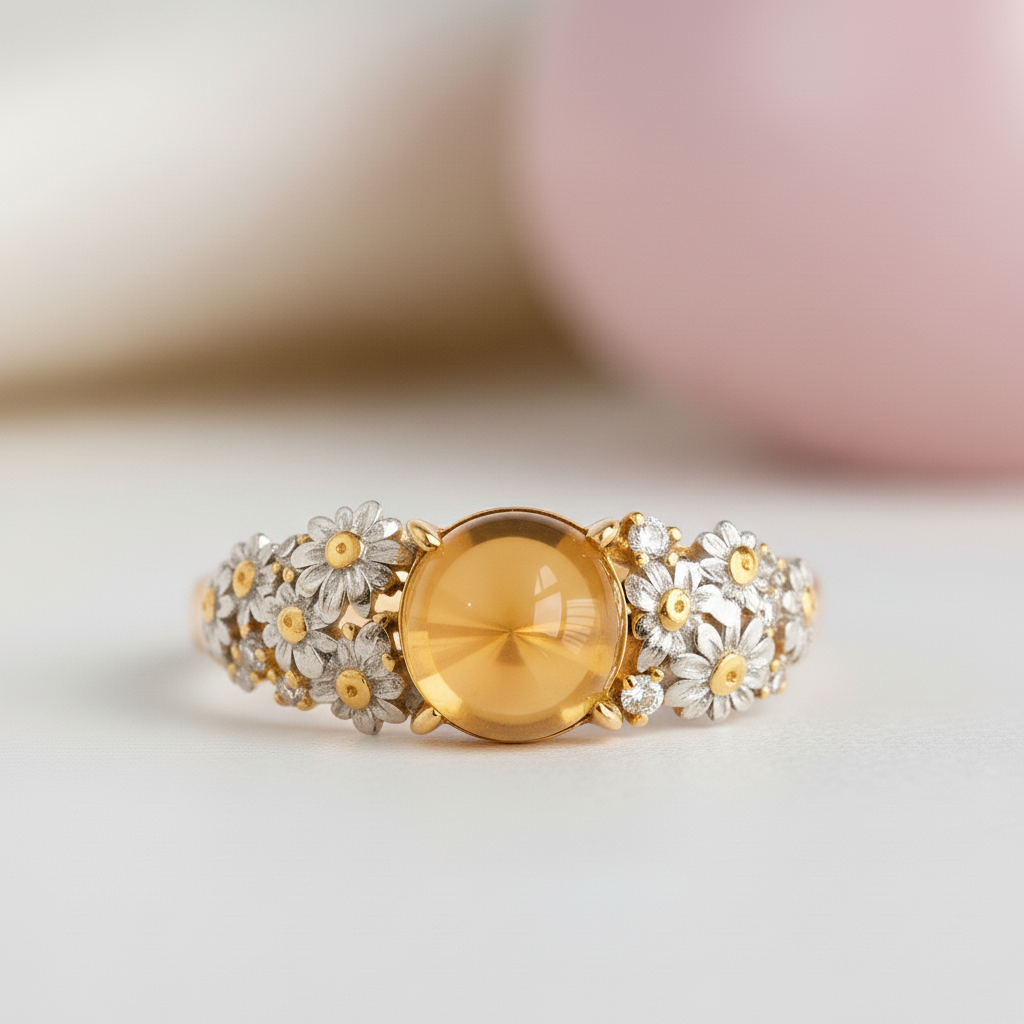 Daisy Bloom Ring-Natural Citrine Cabochon - Symbol of Joy and New Beginnings