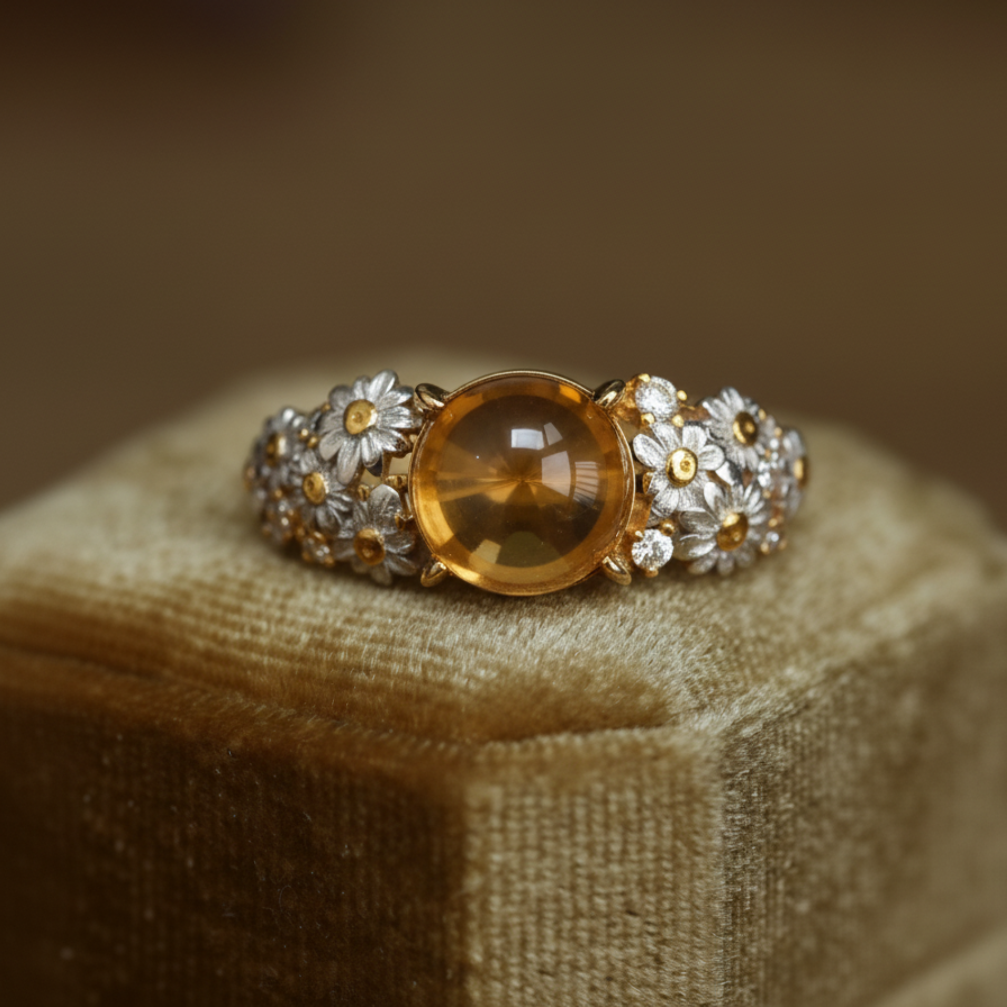 Daisy Bloom Ring-Natural Citrine Cabochon - Symbol of Joy and New Beginnings