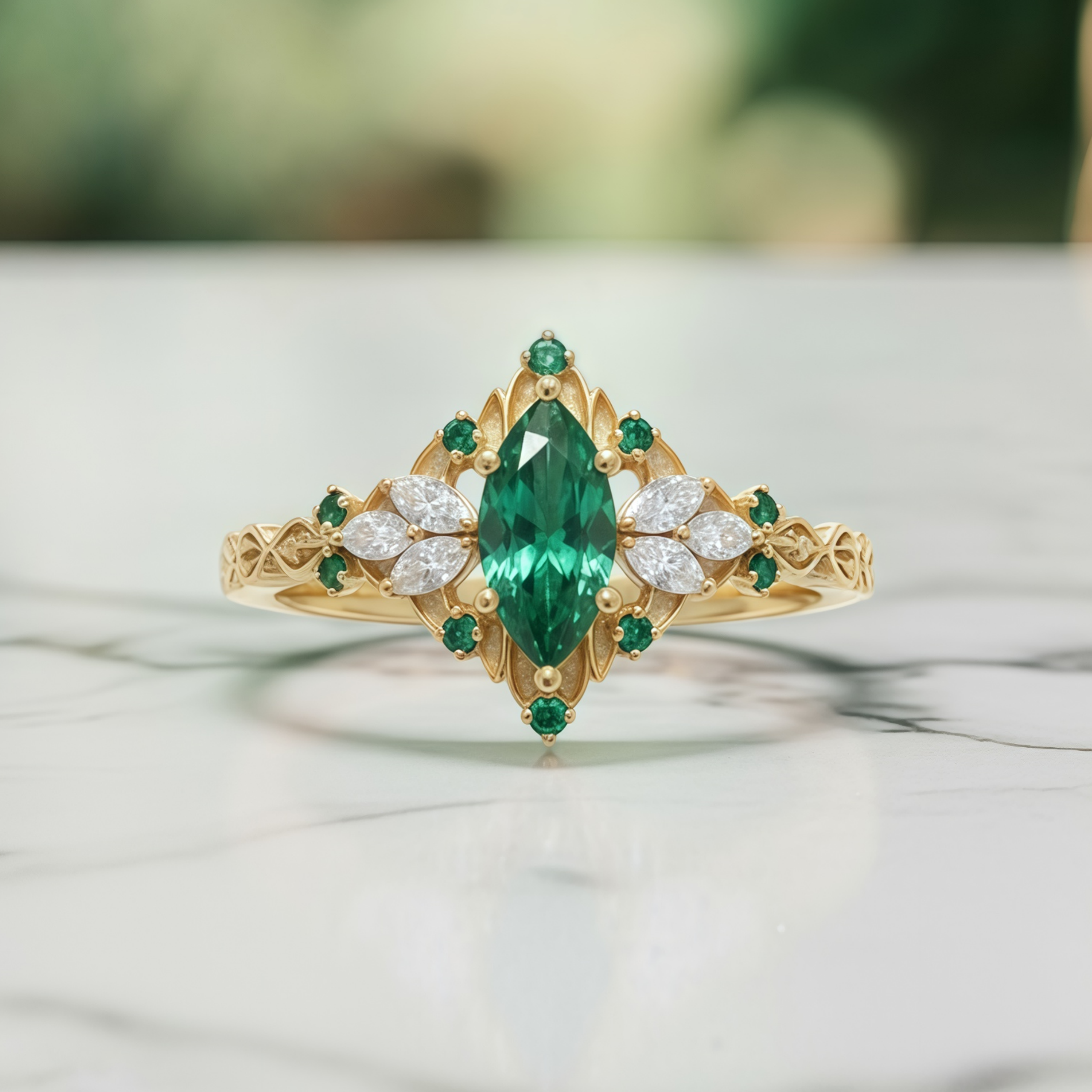Emerald Muse – Marquise Green Moissanite & White Moissanite Filigree Ring