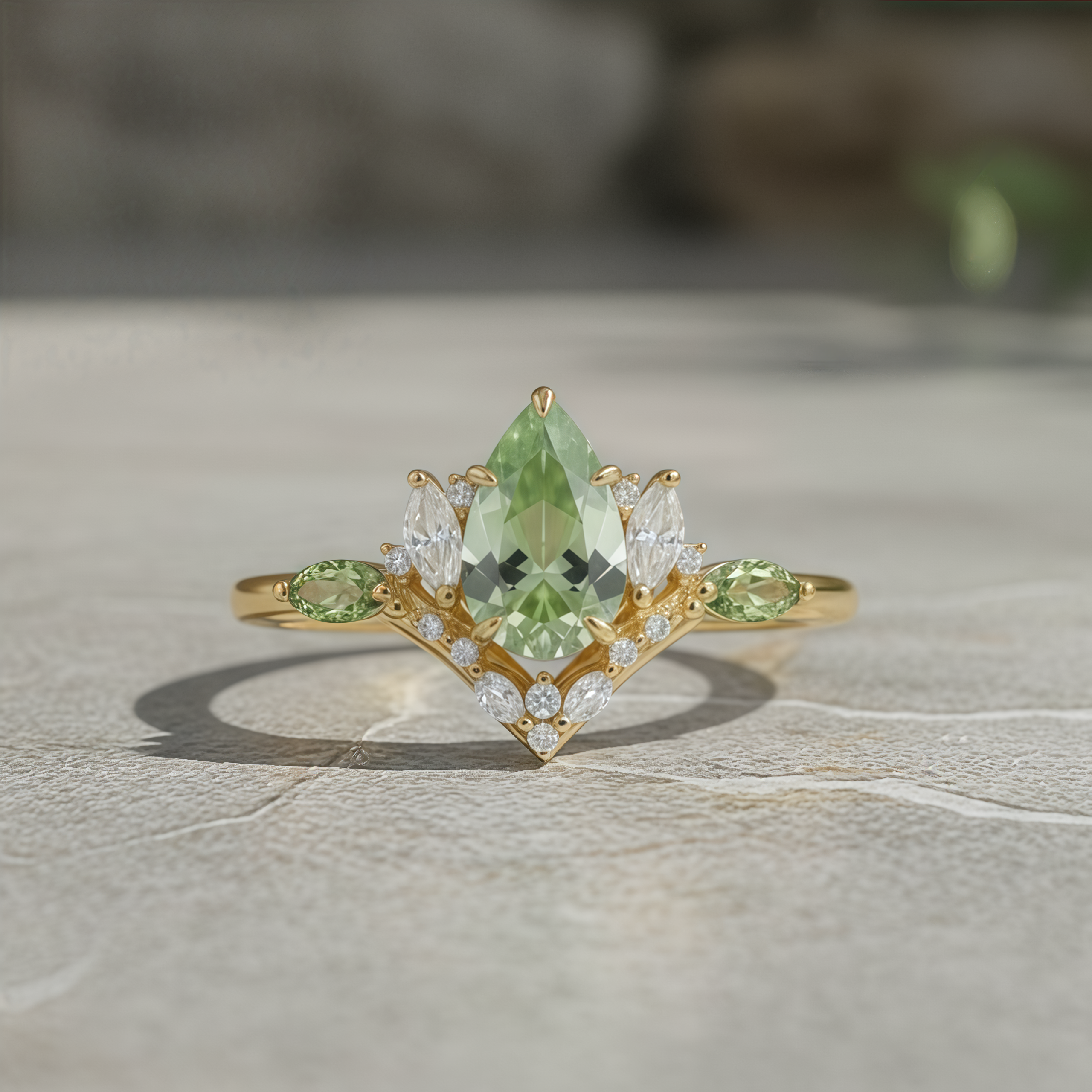 Flourish – Pear-Cut Green Moissanite & Moissanite Floral Ring