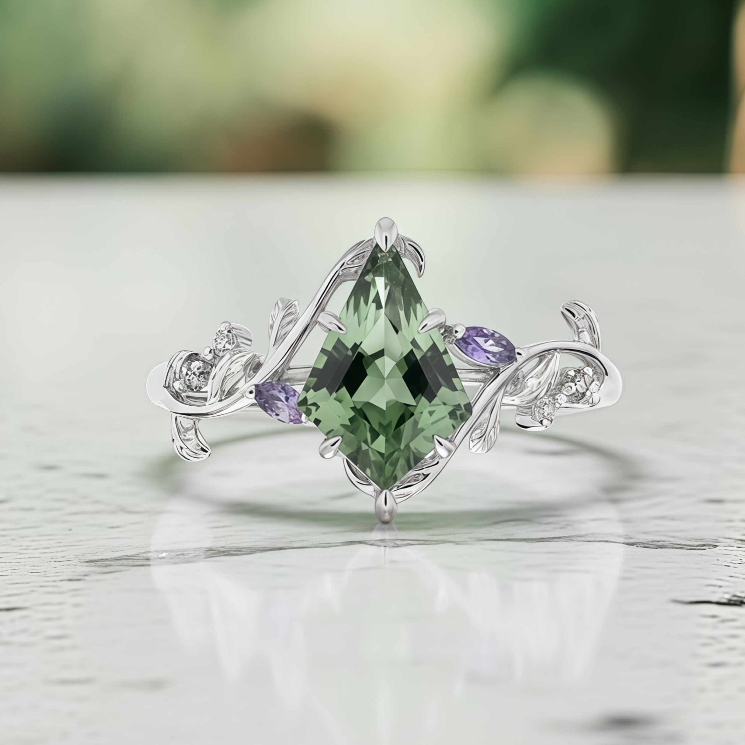 Enchanted Vine – Kite-Cut Green Moissanite & Moissanite Leaf Ring