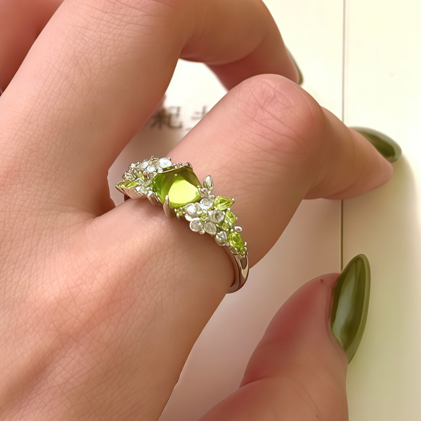 Jasmine Peridot Ring - Floral Green Moissanite Accents