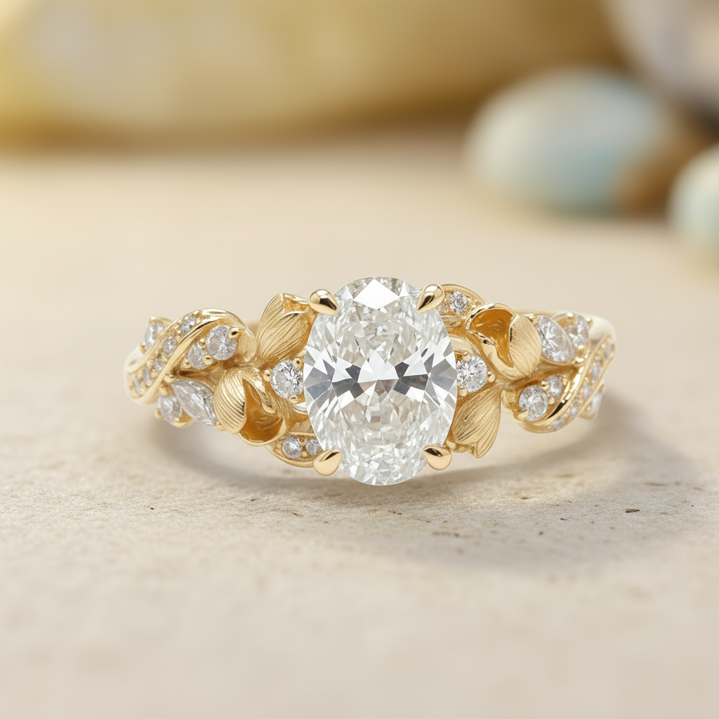 Golden Leaflight Oval Diamond Ring