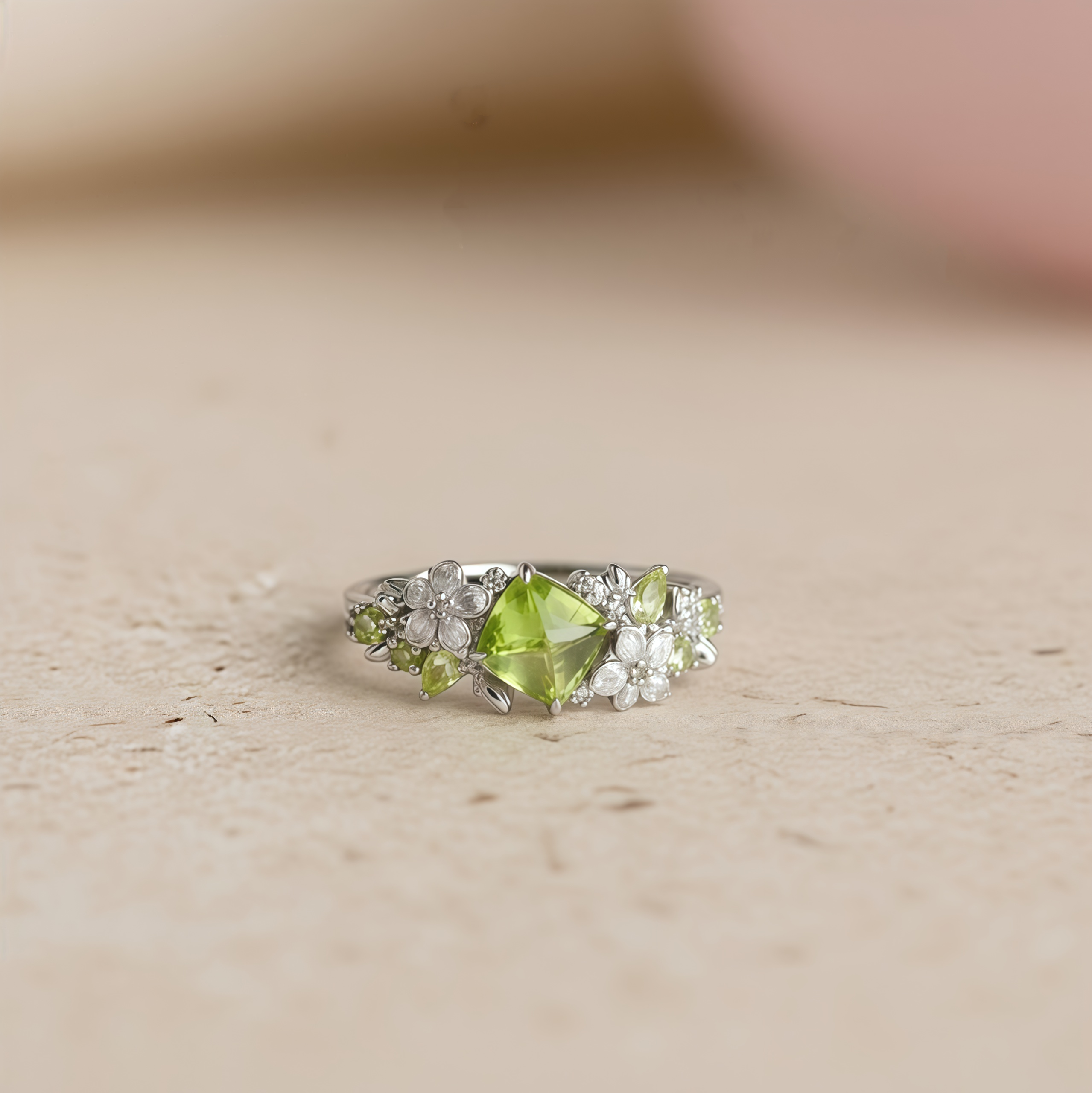 Jasmine Peridot Ring - Floral Green Moissanite Accents