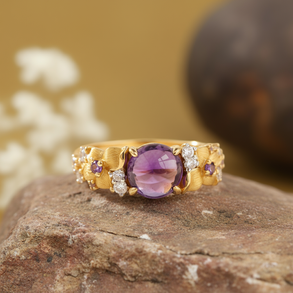 Brazilian Amethyst Ring, Violet Amethyst Jewelry, Purple Floral Ring