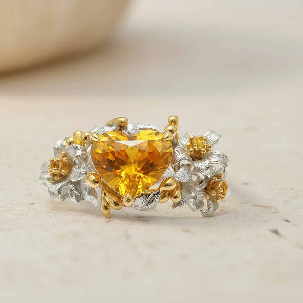 Golden Sunshine Heart Yellow Gem Floral Ring