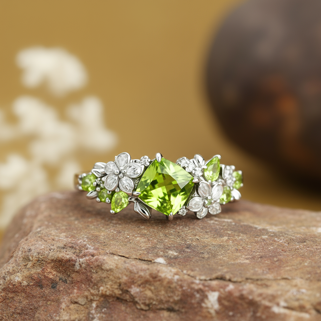 Jasmine Peridot Ring - Floral Green Moissanite Accents