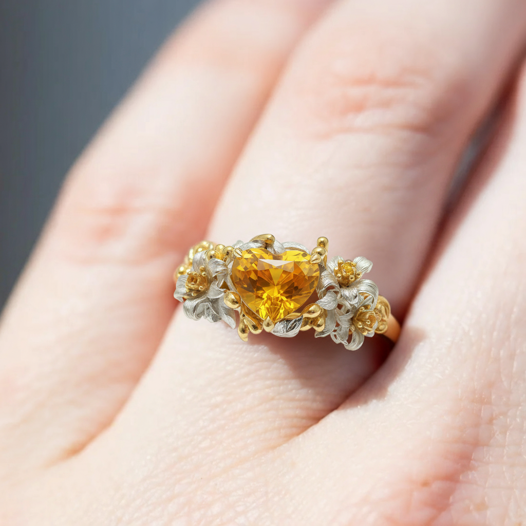 Golden Sunshine Heart Yellow Gem Floral Ring