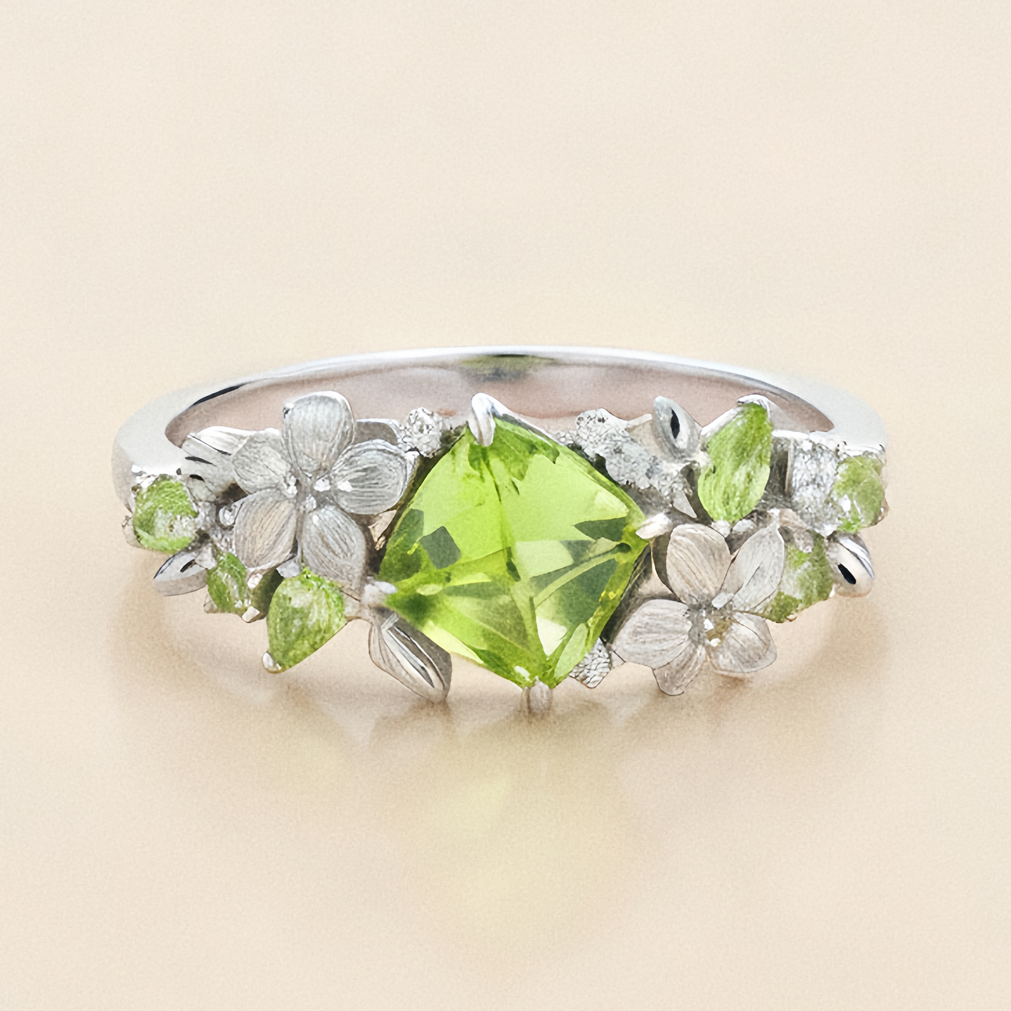 Jasmine Peridot Ring - Floral Green Moissanite Accents