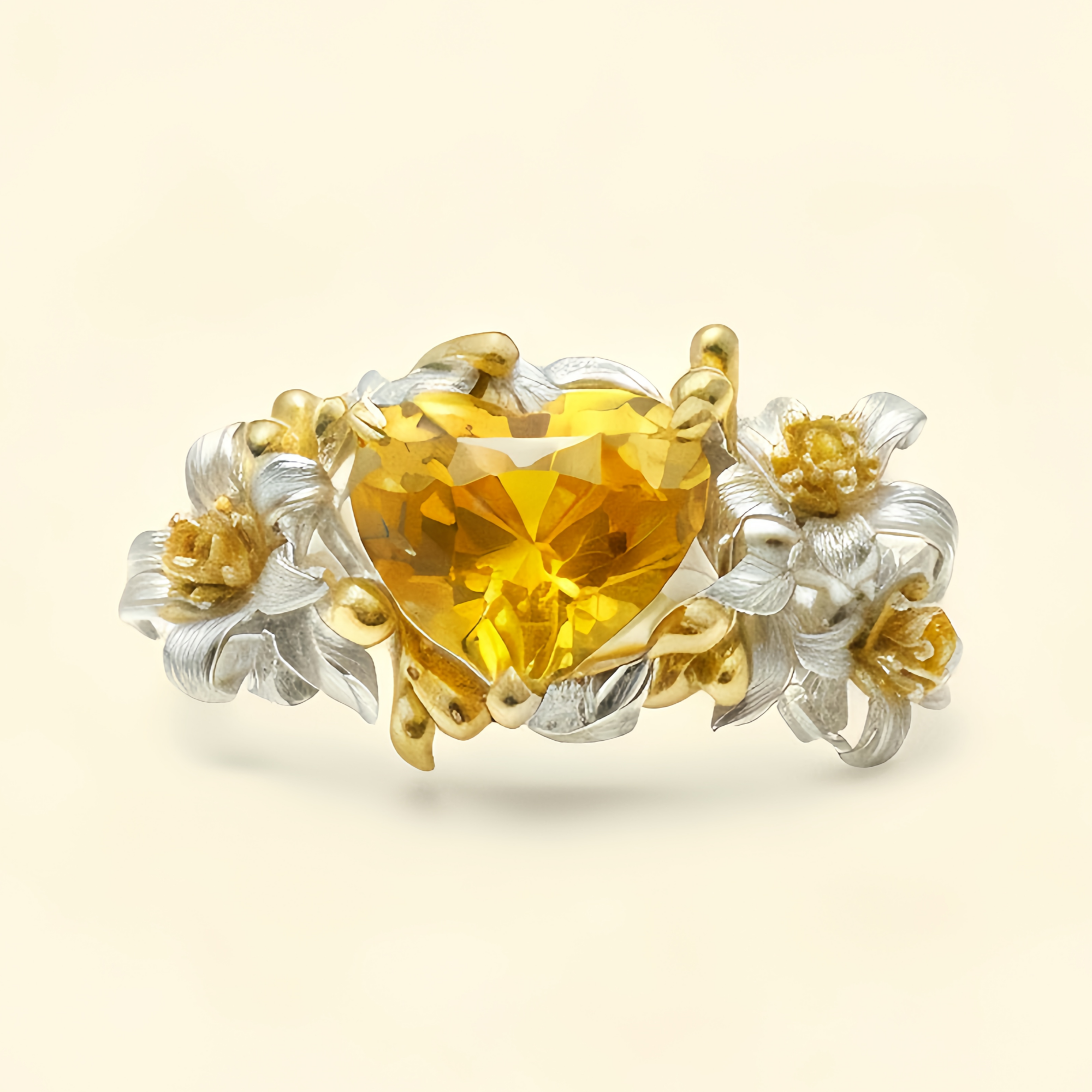 Golden Sunshine Heart Yellow Gem Floral Ring