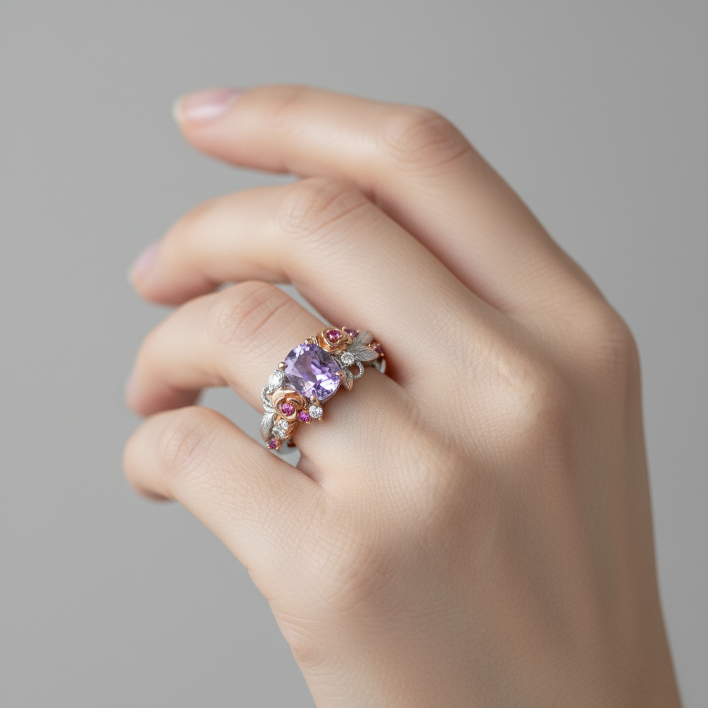 Fairytale Garden Amethyst & Rose Blossom Ring
