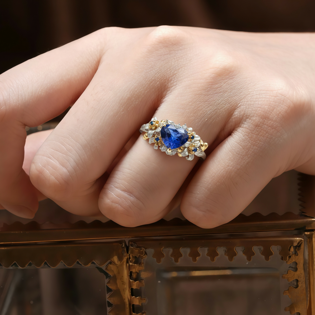 Blue Heart Blossom Sapphire Crown Ring