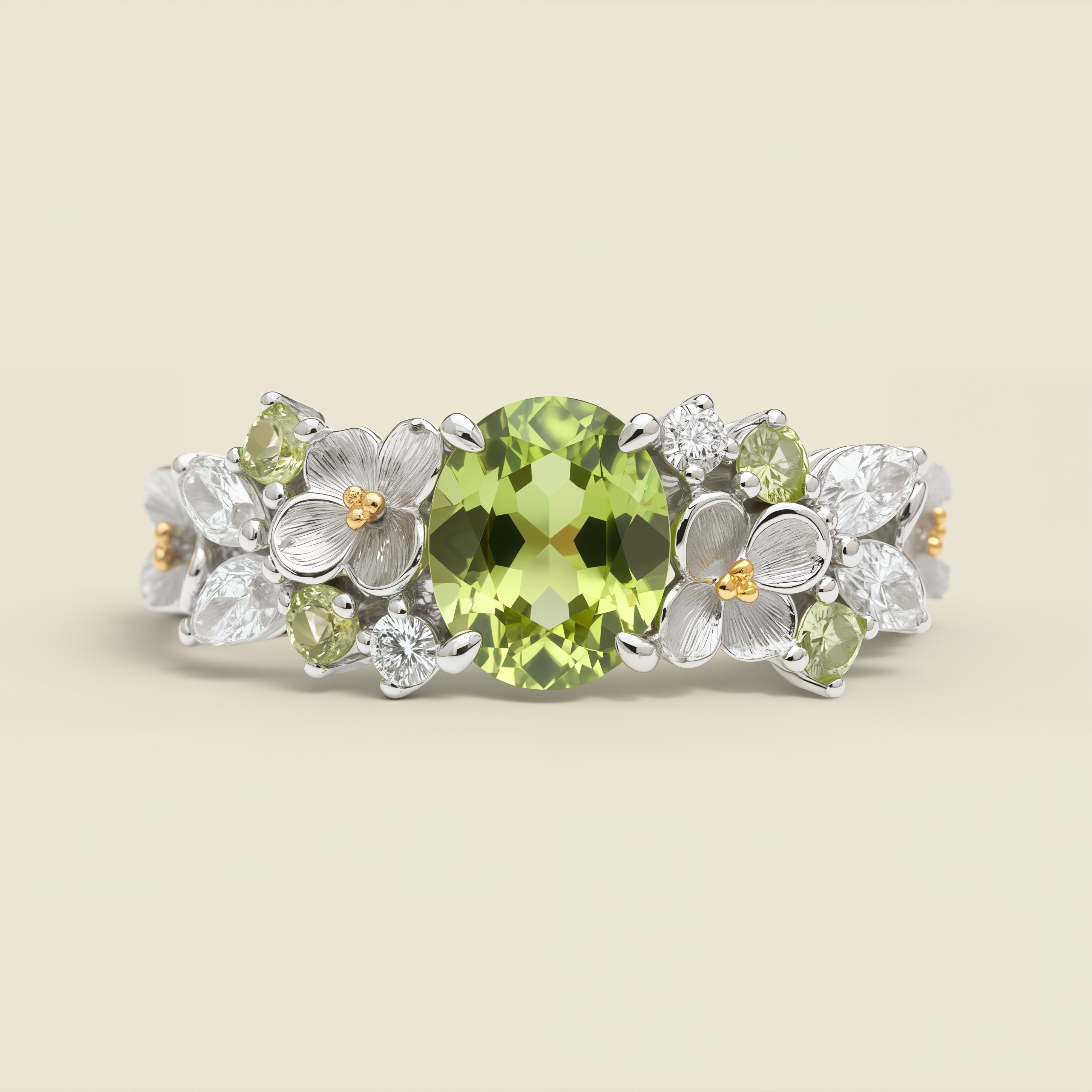 Jasmine Peridot Ring - Floral Green Moissanite Accents
