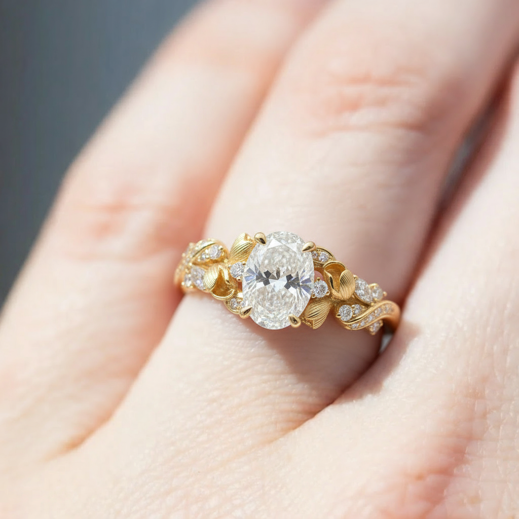 Golden Leaflight Oval Diamond Ring