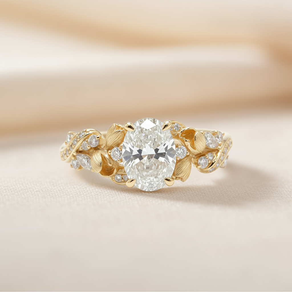 Golden Leaflight Oval Diamond Ring