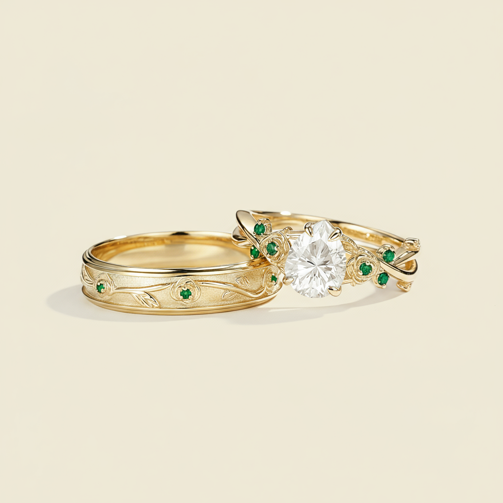 Eternal Bloom | Pear Moissanite & Green Garnet Rose Vine Matching Ring Set 2pcs - Flora