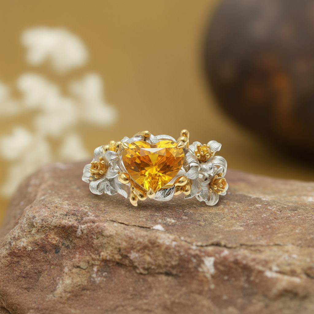 Golden Sunshine Heart Yellow Gem Floral Ring
