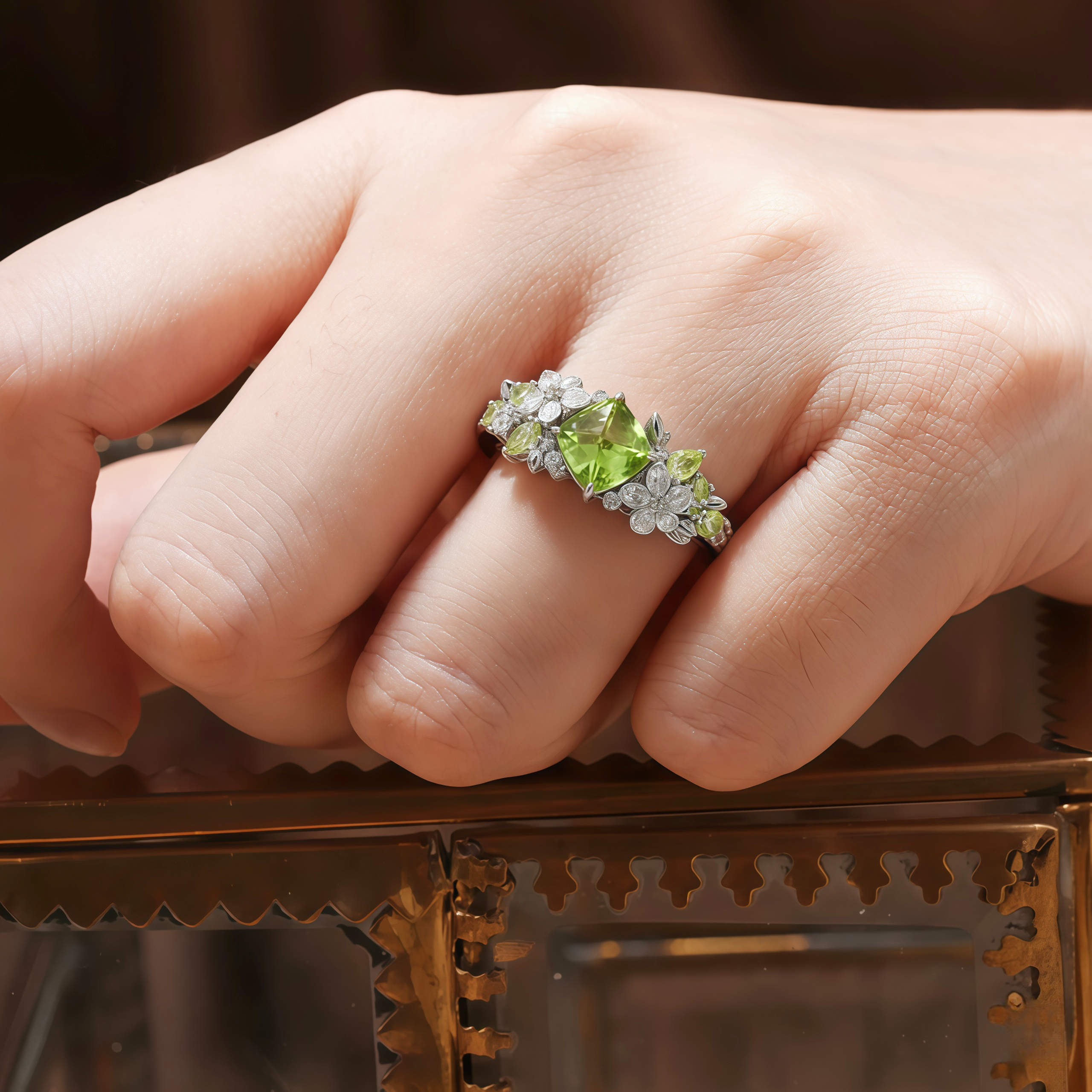 Jasmine Peridot Ring - Floral Green Moissanite Accents